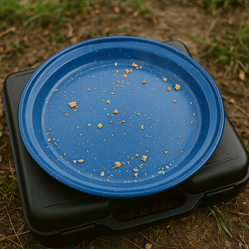 Blue enamel camping plate with biscuit crumbs and ‘MY BISCUITS!!!!’ written in black marker