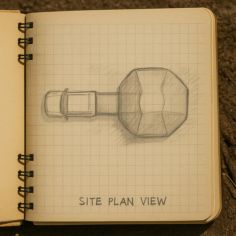 Field notebook sketch showing SUV tent setup and site planning
